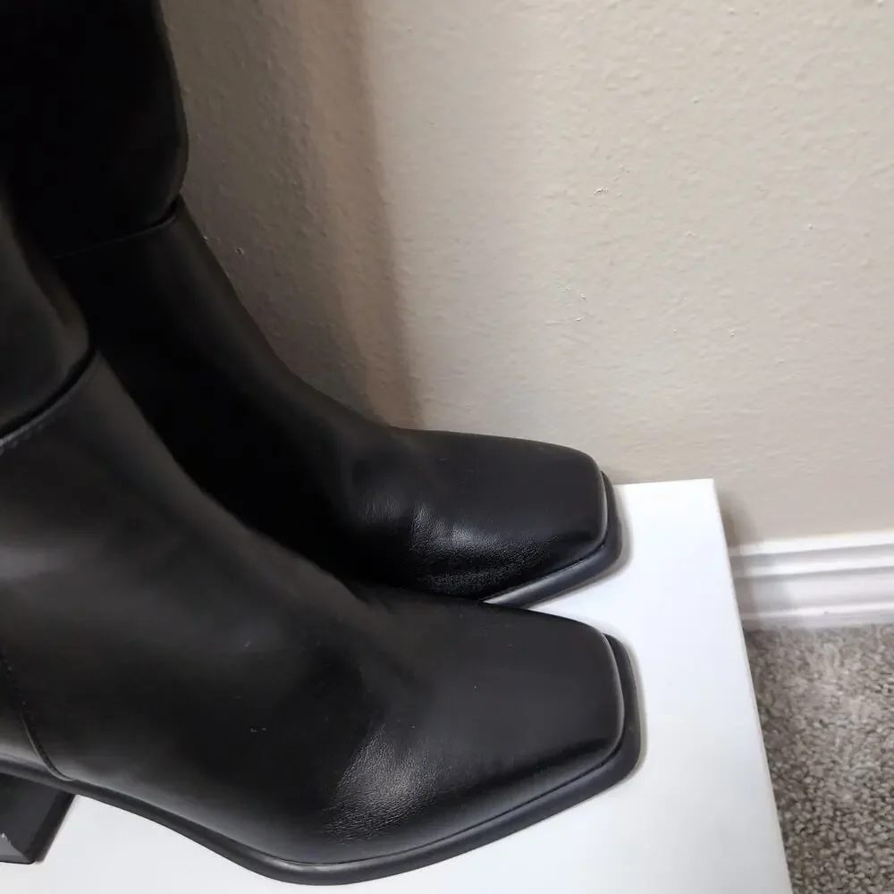 Black Square Toe Knee High Boots Minimalist